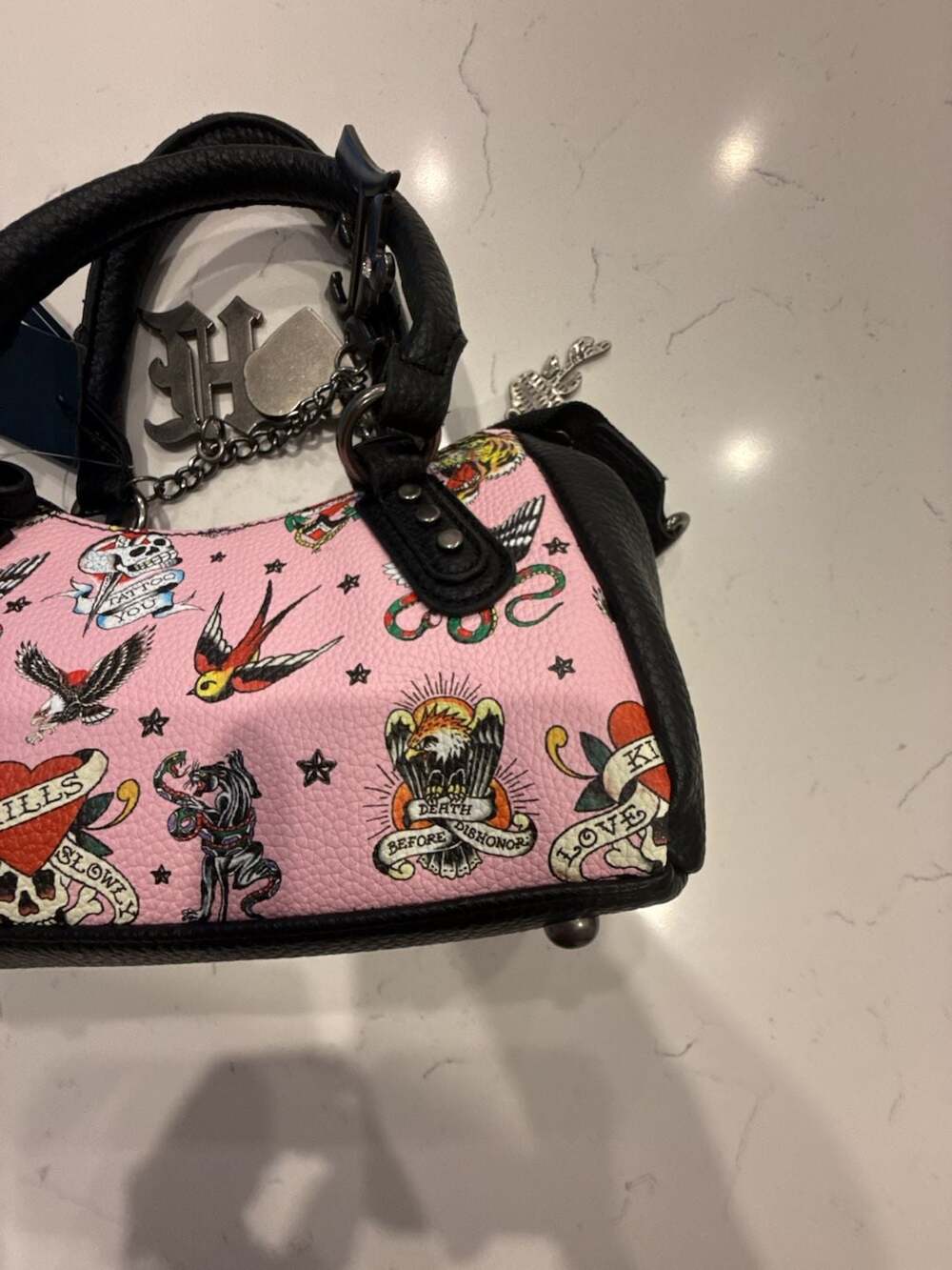 Ed Hardy Pink Tattoo Print Vegan Leather Studded Small Satchel Bag NWT - Picture 10 of 13